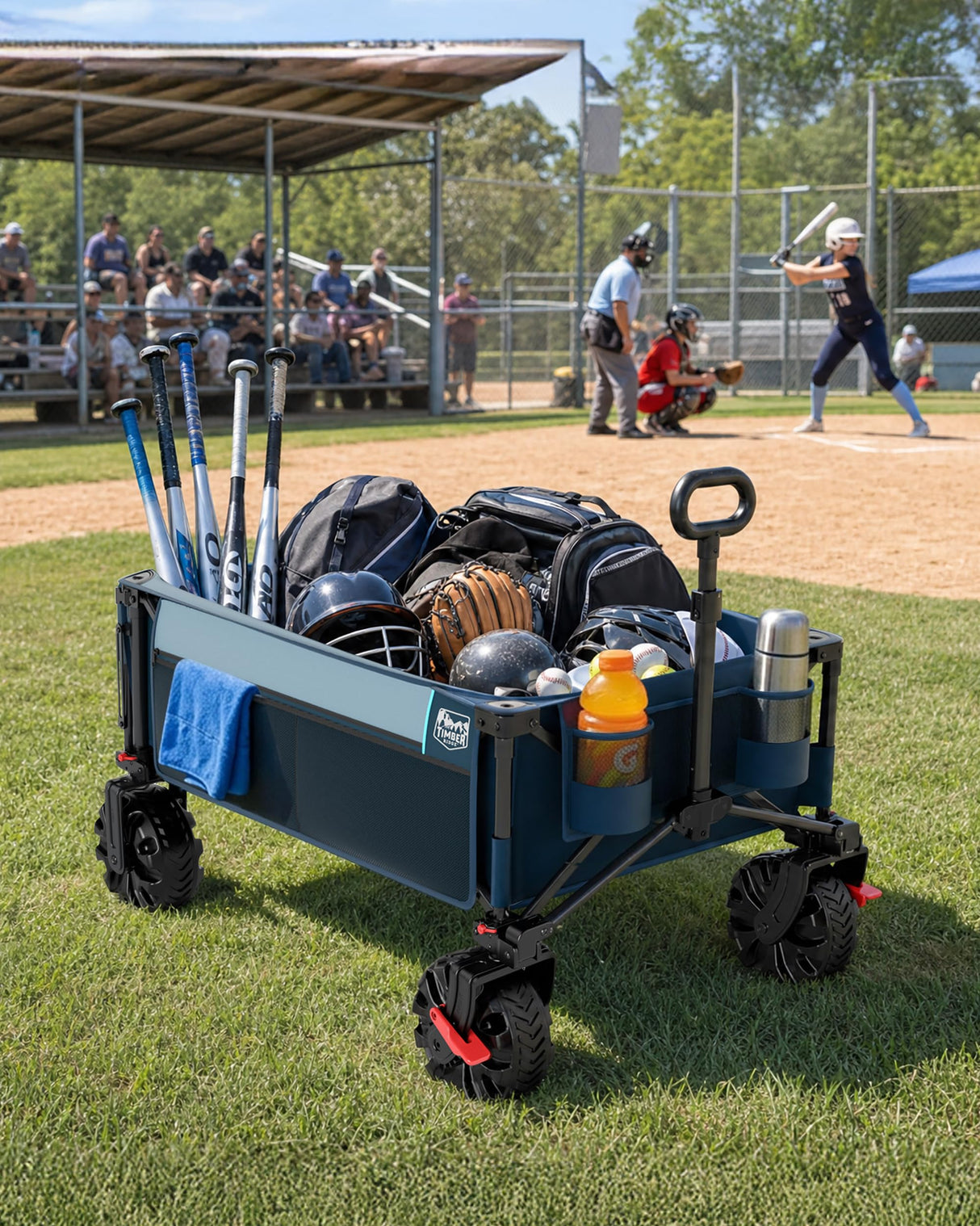 TIMBER RIDGE 600L Beast Wagon 26" W Extra Wide All Terrain Folding w/Big Wheels, Cargo Net & Tailgate, 26" W and 54.5" L, 400lbs Heavy Duty Collapsible Portable Cart for Camping, Sports, Dogs, Blue