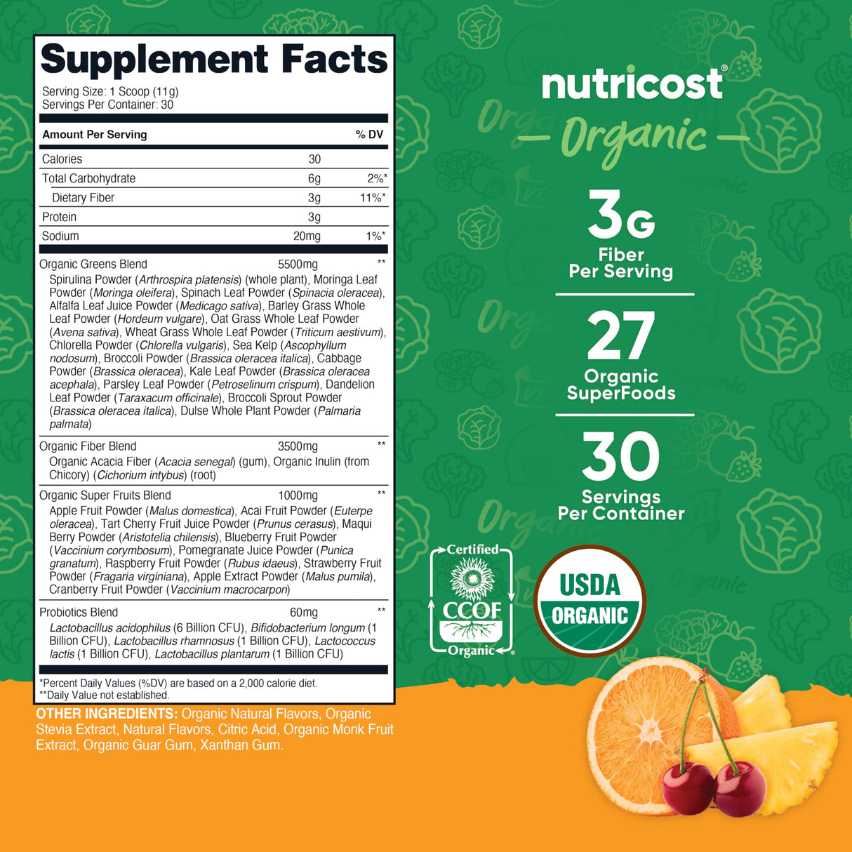 Nutricost Organic Super Greens Powder (30 Servings) Orange Sunrise Flavor - Superfood Supplement Drink Mix