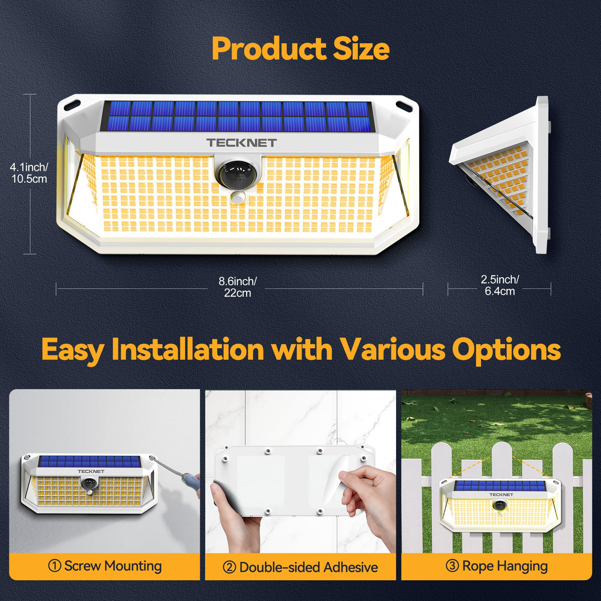 TECKNET Super Bright Solar Lights Outdoor 3 Pack, 2×231 LED and 1×416 LED, 300° Angle & 3 Lighting Modes Motion Sensor Outdoor Lights, Waterproof for for Fence Front Door Yard Deck Garden Garage
