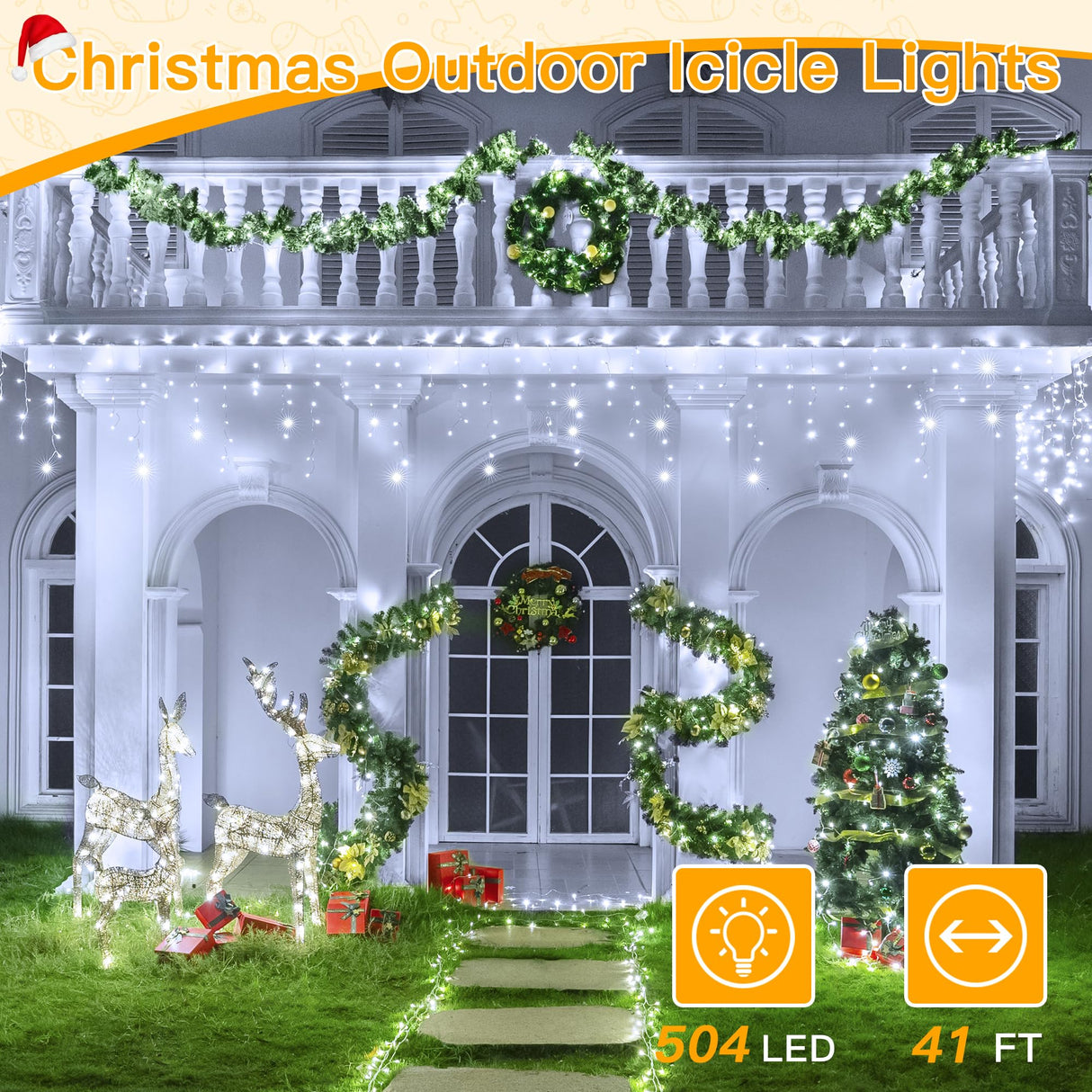 Ollny Icicle Lights for Outside 504LED 41FT, Cool White Christmas Light with Remote 8Modes Timers Waterproof, Plug in Connectable Hanging Lights for Outdoor Indoor House Roof Holiday