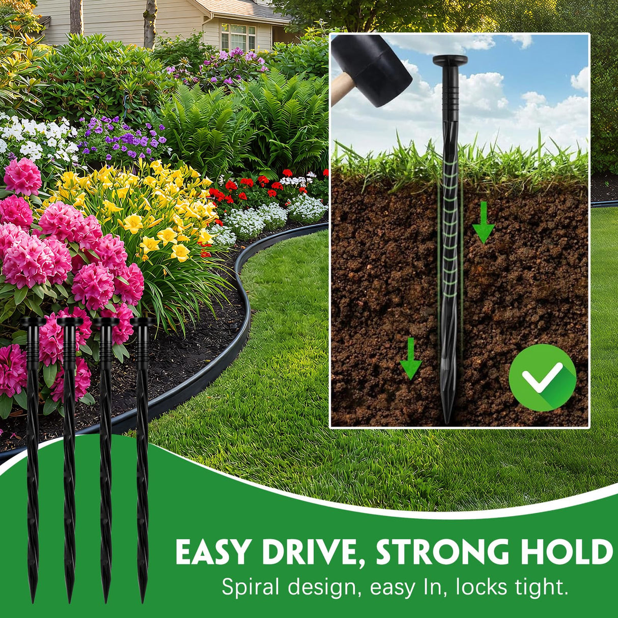 Garaook 120PCS 8-Inch Plastic Landscape Edging Stakes, Spiral Nylon Landscape Spikes, Anchoring Nails for Weed Barrier, Paver Edging, Landscape Edging, Artificial Turf, Grass Pathways, Black