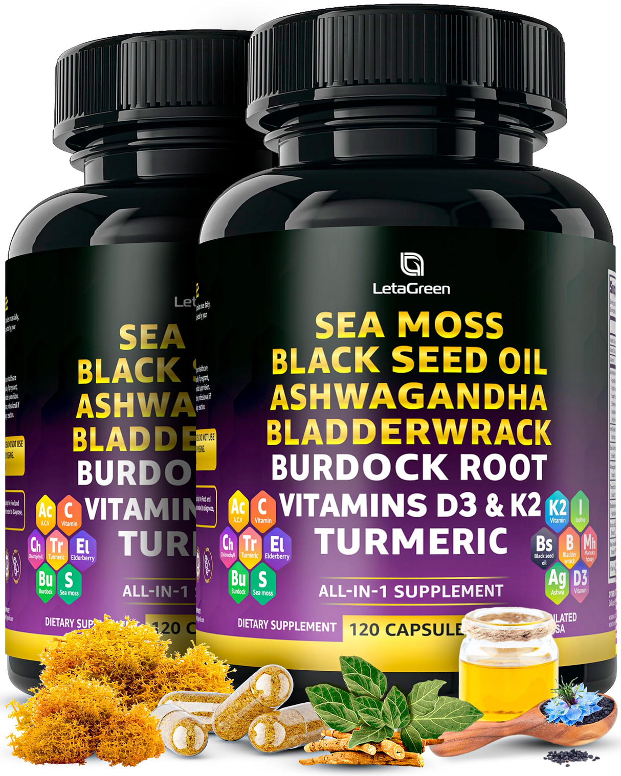 LetaGreen Sea Moss Black Seed Oil Ashwagandha Bladderwrack Burdock Turmeric & Vitamin C, D3, K2 with ACV Elderberry Manuka Honey Dandelion Yellow Dock Iodine Chlorophyll 240 Count