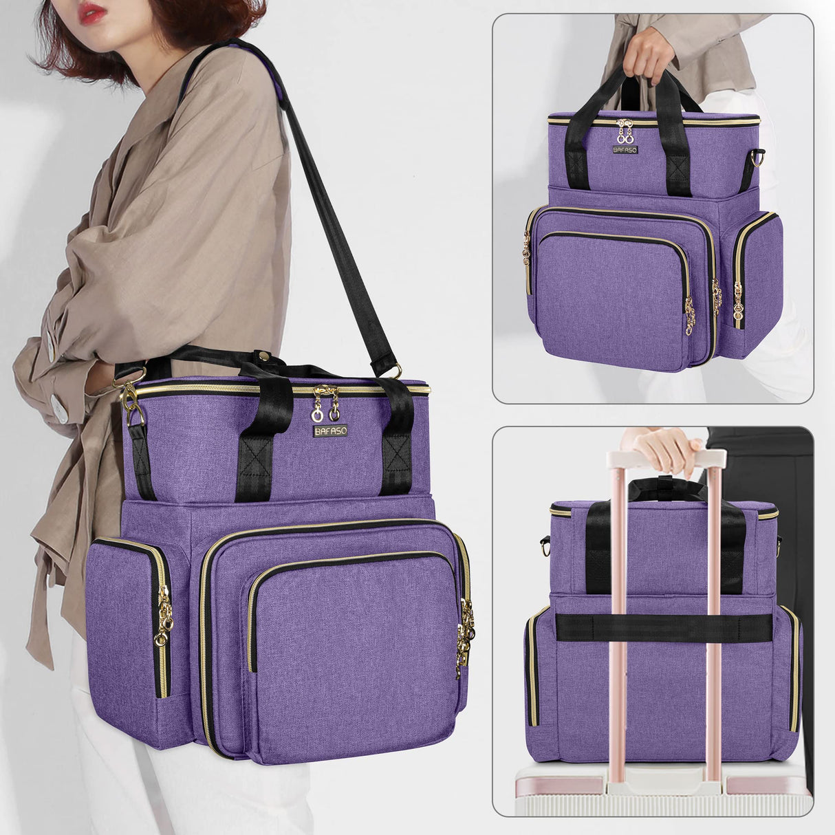 BAFASO Double Layer Nail Polish Organizer Holds 70 Bottles (15ml - 0.5 fl.oz) and a Nail Dryer, Nail Polish Case with 2 Removable Pouches and Tools Storage Sections (Patented), Purple