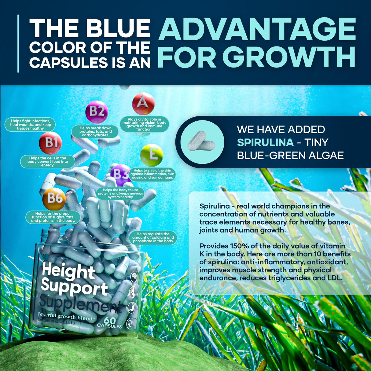 Height & Bone Support Supplement - Made in USA - Premium Height Growth Supplement for Kids & Teens with Calcium - Nutritional Support Bone Health Formula - Height Increase Essential Vitamins - 60 Caps