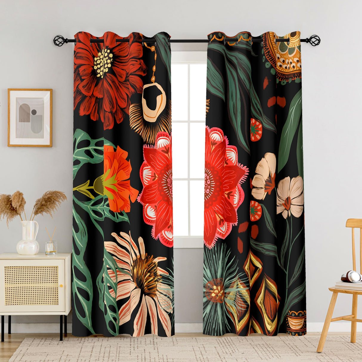 Tyrot Black Red Boho Floral 100% Blackout Curtains for Living Room 84 inch Long 2 Panels Christmas Black Out Curtains for Bedroom Grommet Thermal Insulated Room Darkening Window Drapes,52Wx84L