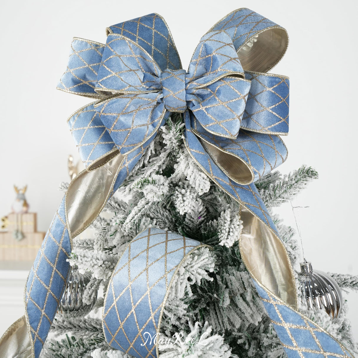 MAYREEL 2.5 Inch Dusty Blue and Gold Velvet Wired Ribbon Metallic Diamond Glitter Grid for Christmas Gift Wrapping Floral Craft Bows Wreaths Garland Holiday Decor 10 Yards