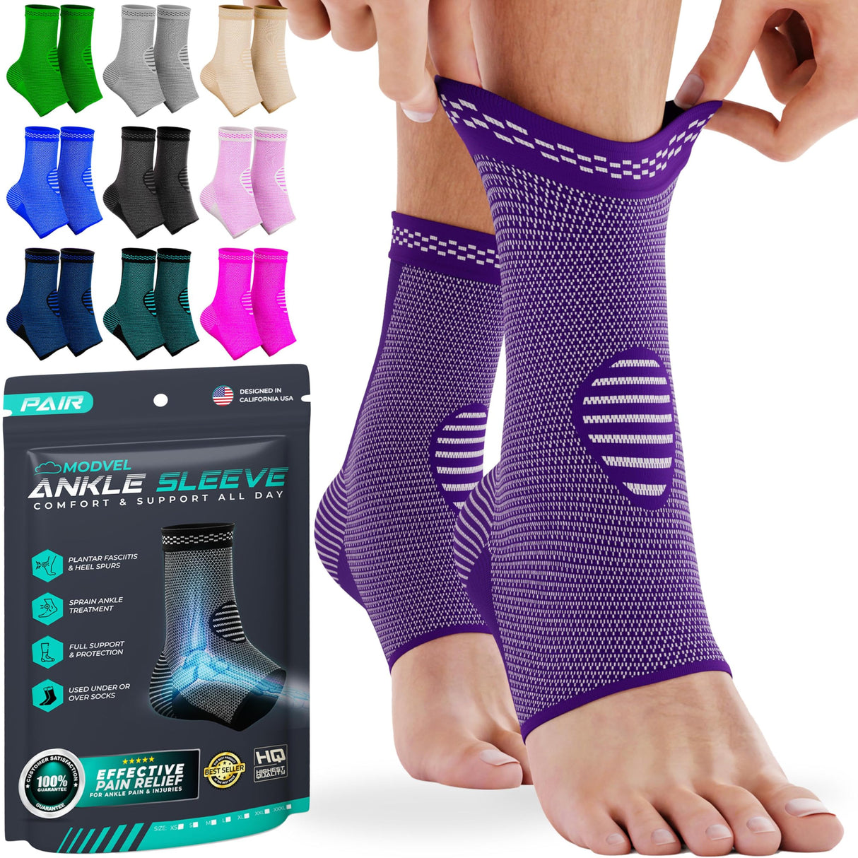 Modvel Foot & Ankle Brace Socks for Sprained Ankle Compression Sleeve - Plantar Fasciitis Relief Brace, Foot Support for pain Women & Men - Tendonitis & Arthritis Feet Sleeve, Stabilizing Ankles Wrap