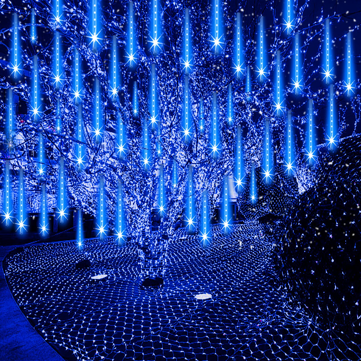 ZPQBEYE Christmas Lights Outdoor Meteor Shower Lights 24-Tube 576LEDs Snow Falling Rain Cascading Icicle Light for Xmas Tree Christmas Decorations Wedding Party Holiday Garden Decor, UL Plug Blue