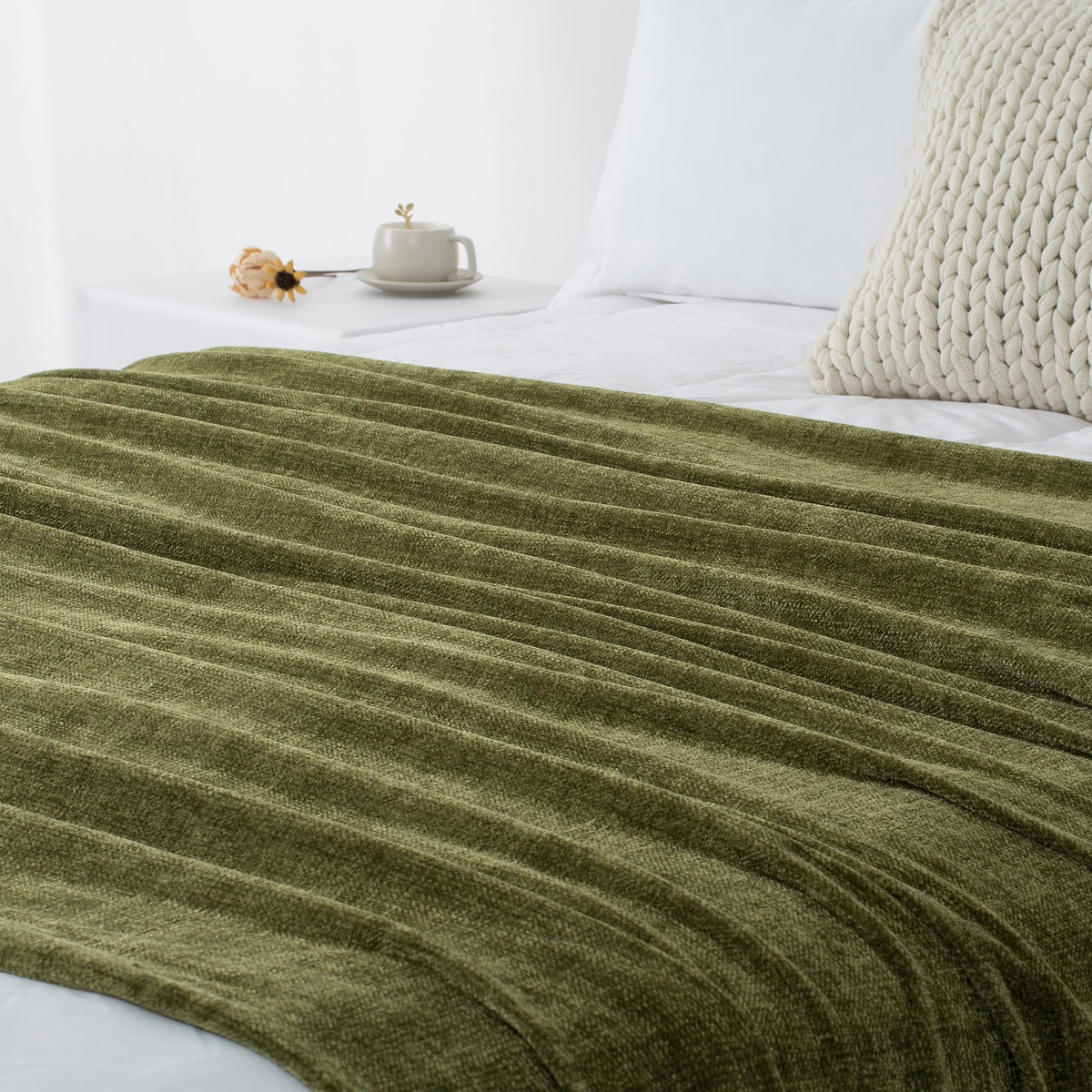 LONG CREATE Chenille Throw Blanket for Couch 50" x 60", Olive Green