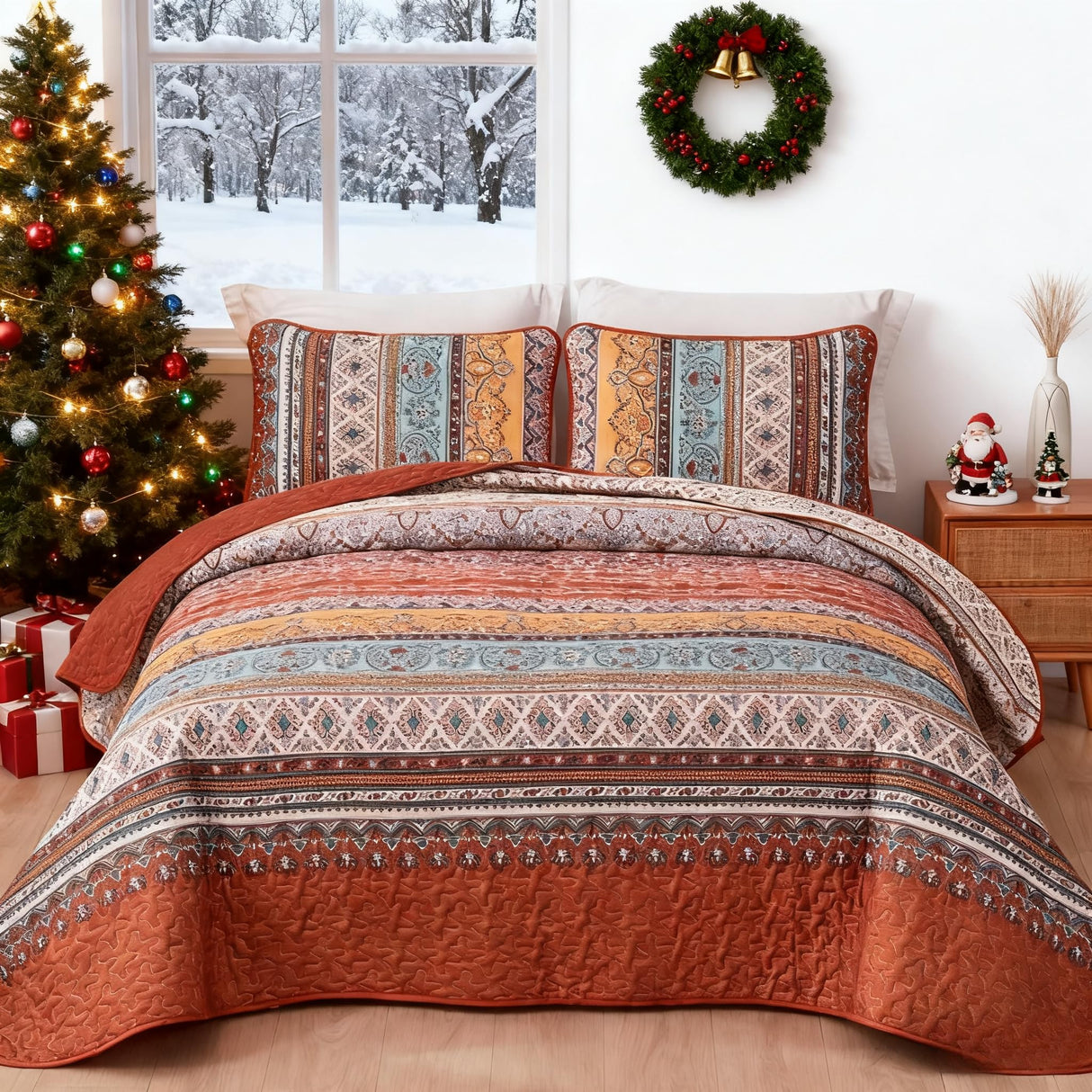 WONGS BEDDING Boho Quilt Set King Size Burnt Orange, 3 Pieces Fall Striped Bedspread Coverlet Set, Christmas Halloween Soft Lightweight Microfiber for All Season(104"Ć90")