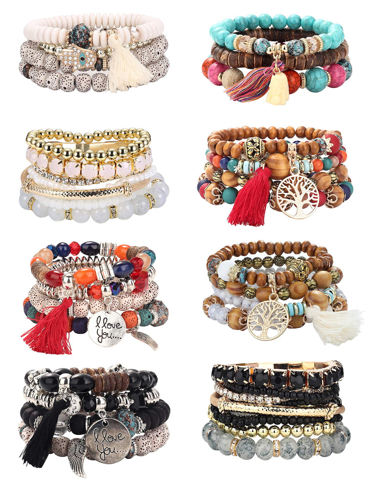 8 Sets Bohemian Stackable Bead Bracelets for Women Stretch Multilayered