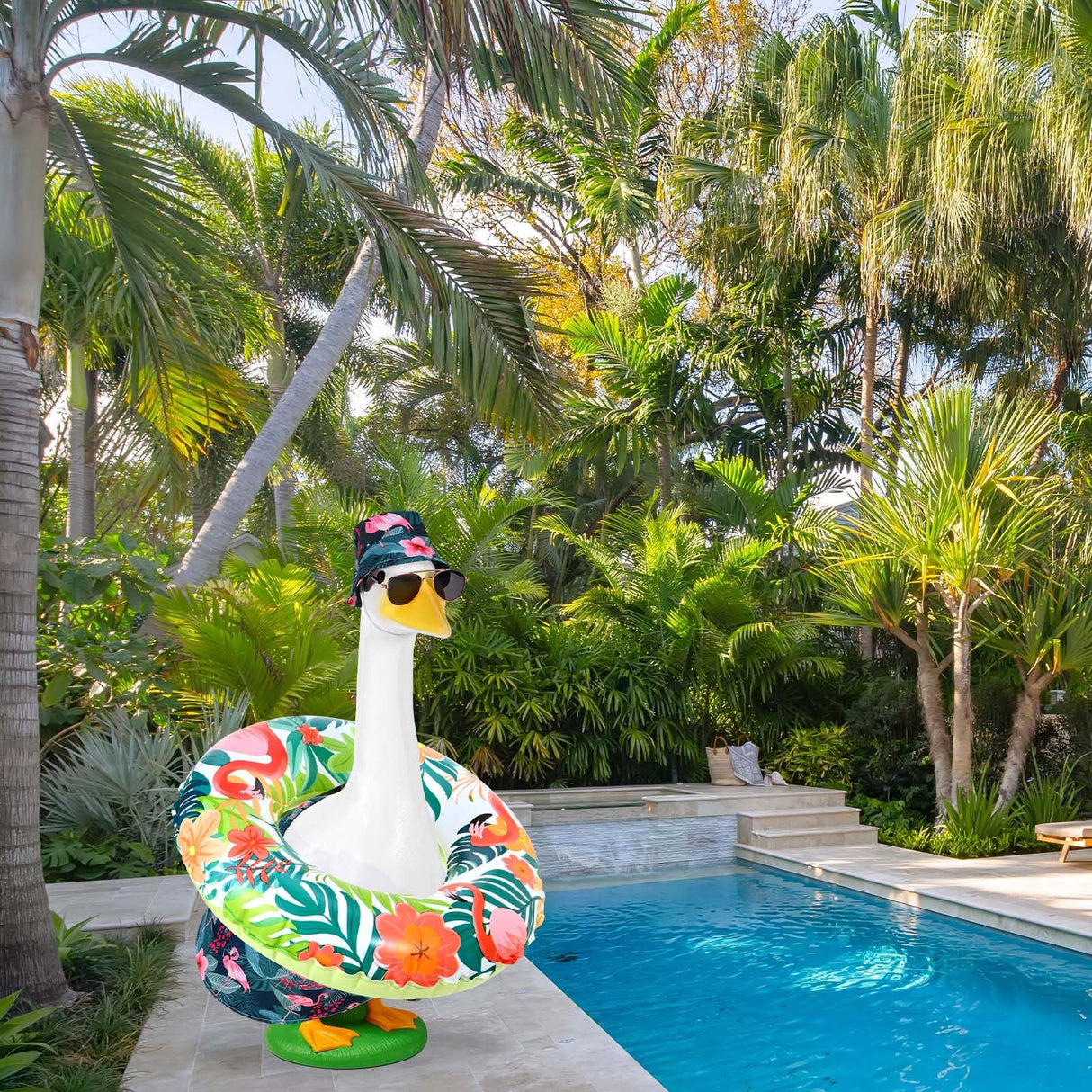 GANSHAYA Summer Goose Outfits Porch Goose Hawaiian Outfit 23 Inch Tropical Goose Clothes with Swim Trunks Sun Hat Sunglasses Swim Ring for Geese Statue Spring Summer Decor (Flamingo)