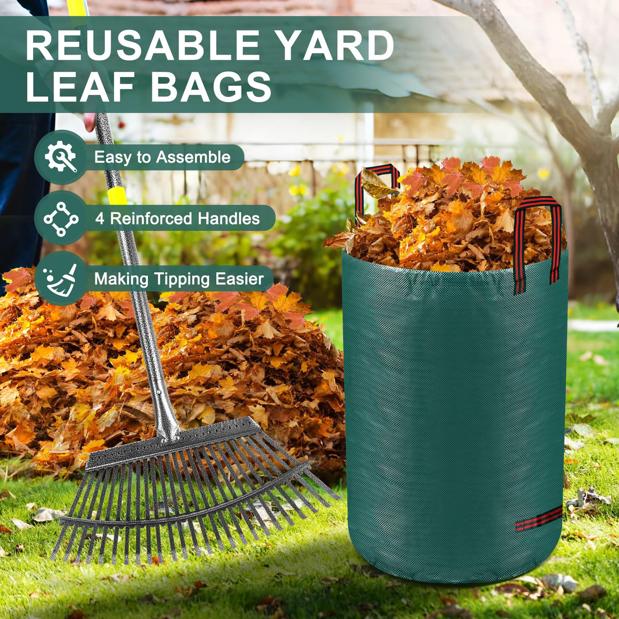 Adjustable Garden Leaf Rake Set, 18" Wide, 25 Tines, 37-79" Handle Metal Leaf Rake with 2 Pack 32 Gallons Leaf Bags and Scoops. Heavy Duty Graden Rakes Set for Lawn, Grass, Shrubs, Flower Beds