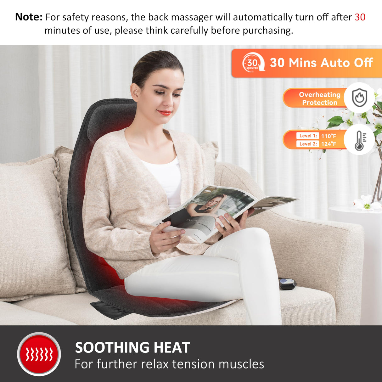 Snailax Massage Cushion with Heat - Memory Foam Neck and Lumbar Support, 10 Vibration Motors for Back and Chair