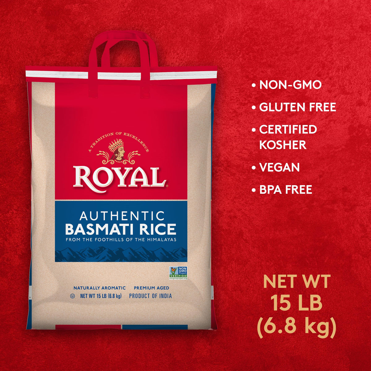 Royal Basmati Rice - Authentic Long Grain White Basmati Rice - 15 lb Bag