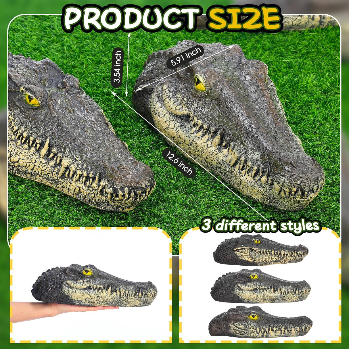 Silipull 3 Pcs Floating Alligator Head Decoy Pool Accessories 12.6 Inch Fake Alligator Pool Float Decoy for Goose, Duck Control, Garden and Patio Accessories (Classic)