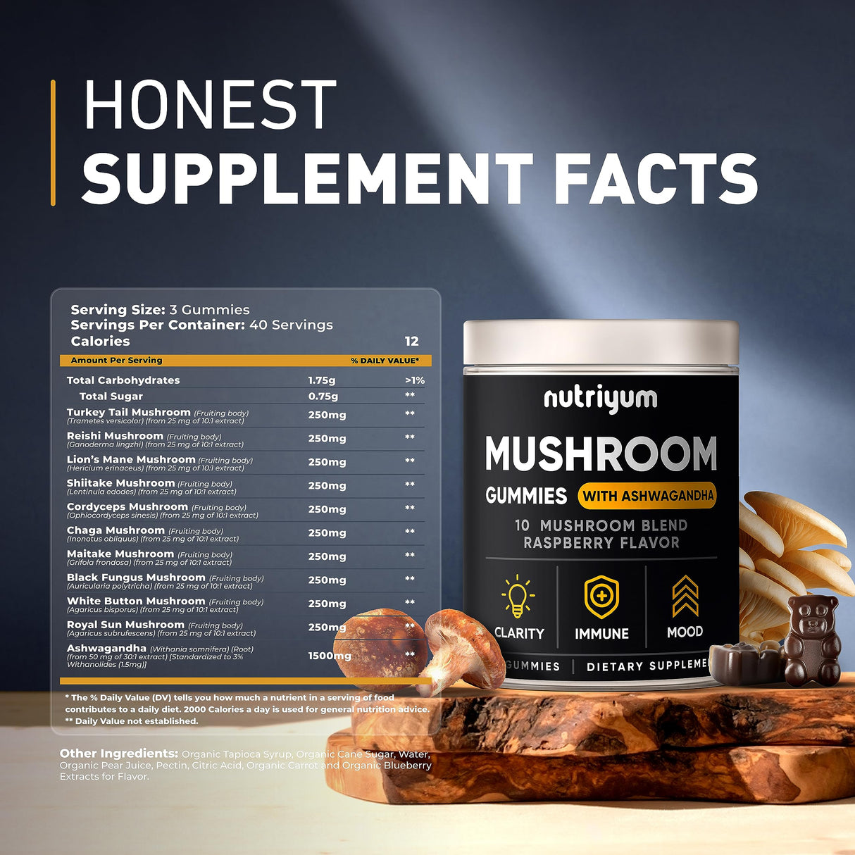 nutriyum Mushroom Gummies 10 Blend 120 pcs - Lions Mane, Ashwagandha, Turkey Tail, Cordyceps, Chaga, Reishi Mushroom Complex - Mushroom Supplement for Immune, Energy, Clarity & Cognitive