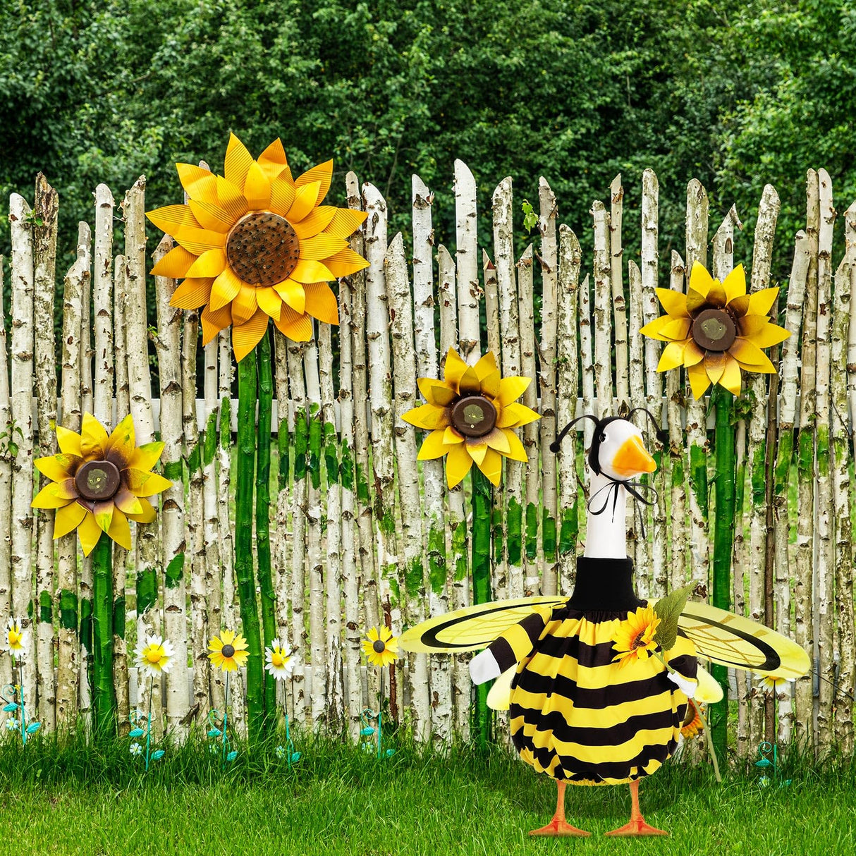 FuWeave Summer Bee Porch Goose Outfit for 23" Porch Goose Clothes with Bee Wings Sunflower for Spring Summer Outdoor Statue Garden Deck Patio Yard Lawn Art Decoration