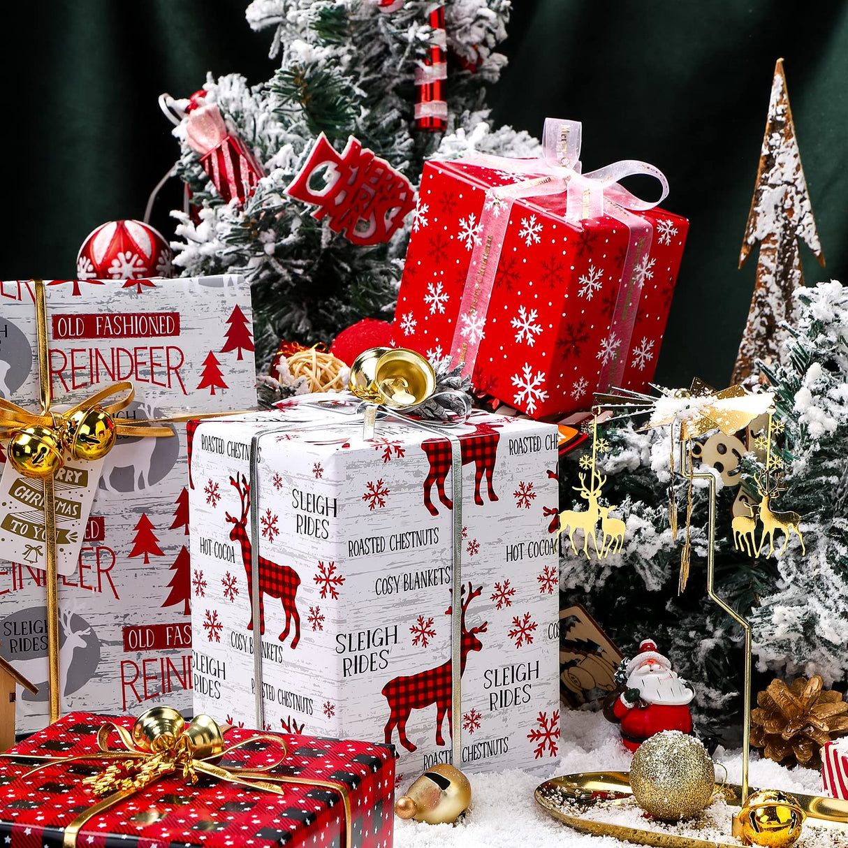 WRAPAHOLIC 30 Inch Christmas Wrapping Paper Roll - Jumbo Roll Rustic Holiday Woodland Scenes - Snowflake, Plaid, Reindeer - 4 Rolls - 30 Inch x 120 Inch Per Roll