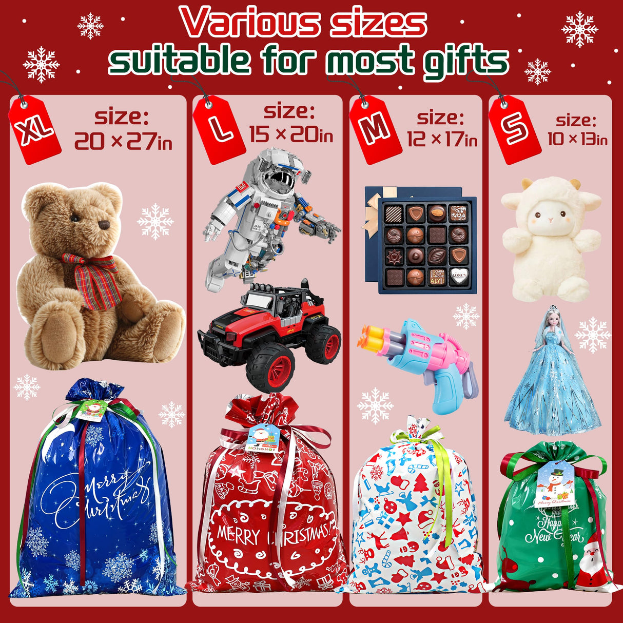 38PCS Christmas Drawstring Gift Bags Assorted Size Small Medium Large, Holiday Xmas Presents Wrapping Bags with Tags
