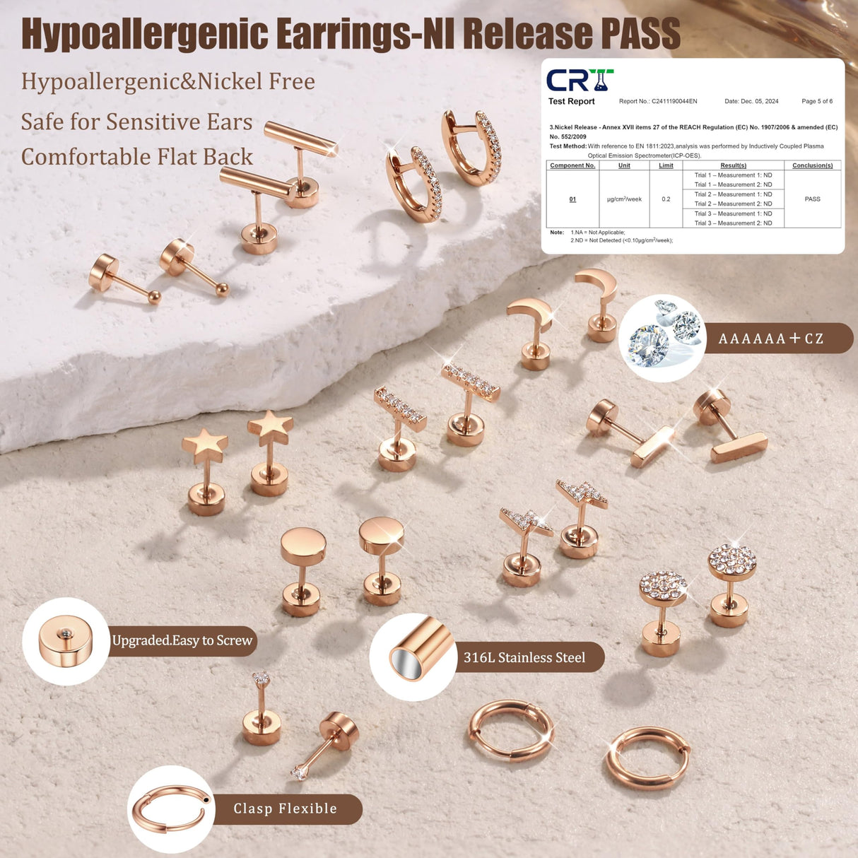 FASACCO 10Pairs Flat Back Earrings for Women Men - Hypoallergenic 14K Gold Plated Stainless Steel Flatback Stud Small Huggie Hoop Earrings 20G Tiny Gold Stud Earring Sets for Multiple PIercing Rose