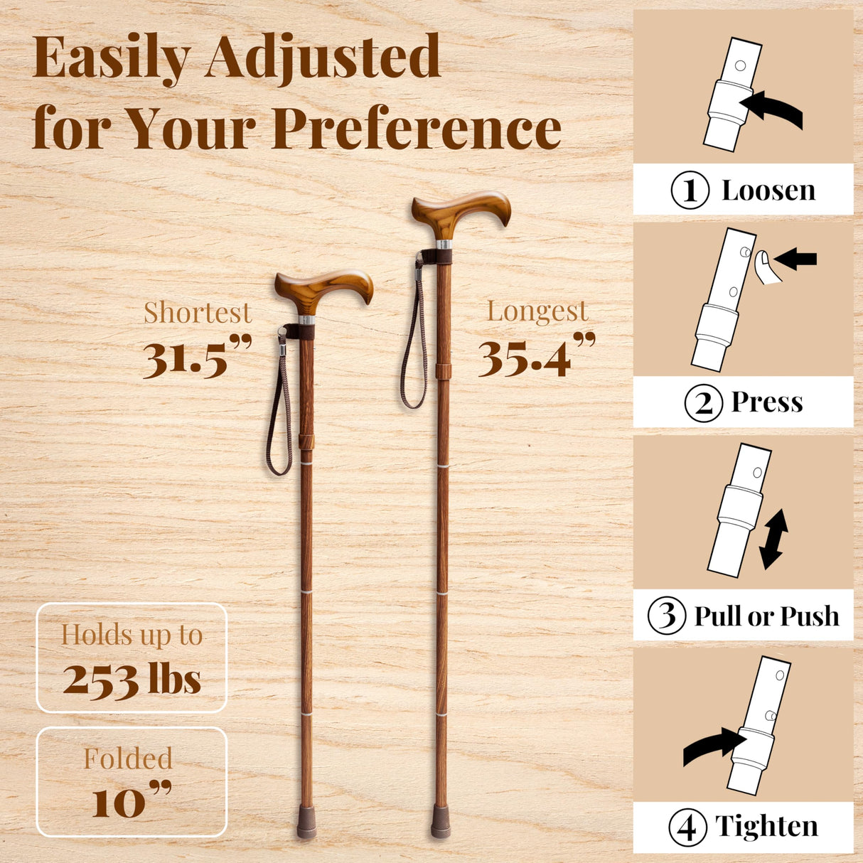Merry Sticks Lightweight Foldable Walking Canes for Women and Men, Adjustable & Collapsible Walking Stick for Seniors, Balancing Mobility Aids, Ergonomic Handle & Wrist Strap - Sen Wood
