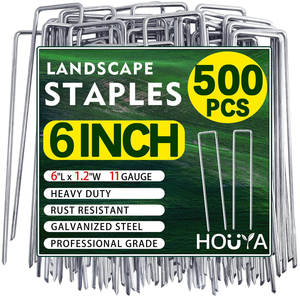 houya 500 PCS Landscape Staples 6 Inch Galvanized Garden Stakes Garden Staples Pins Anti-Rust Ground Stakes for Weed Barrier, Irrigation Hose, Yard Lawn SOD, Landscape Fabric, Decor 6"L x1.2"W 500pcs