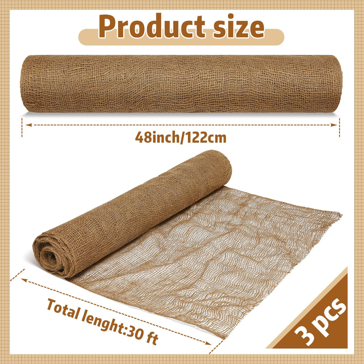 Riakrum 3 Pcs 48 Inch X 90 ft in Total Erosion Control Blanket Burlaps Netting Mesh Burlap Erosion Control Liner Blanket Burlap Loose Weave Planter Liner Roll for Raised Bed Soil Saver