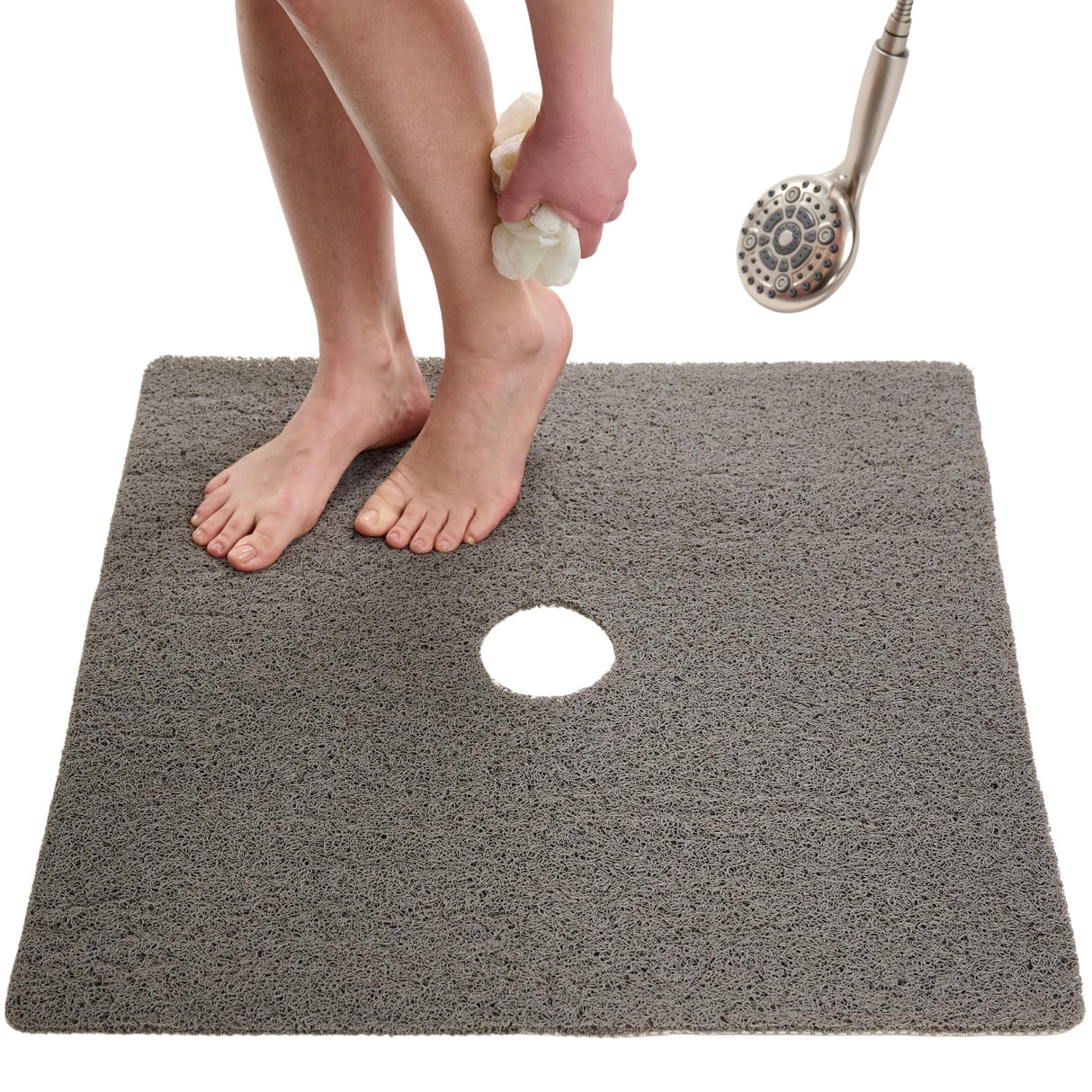 Enkosi Loofah Shower Mat with Drain Hole – Cushioned Anti-Slip Square Bath Mat for Showers, and Bathroom Floors – Textured PVC, Non Slip Safety Pad for Walk-in Stalls and Wet Areas (27x27 Grey)