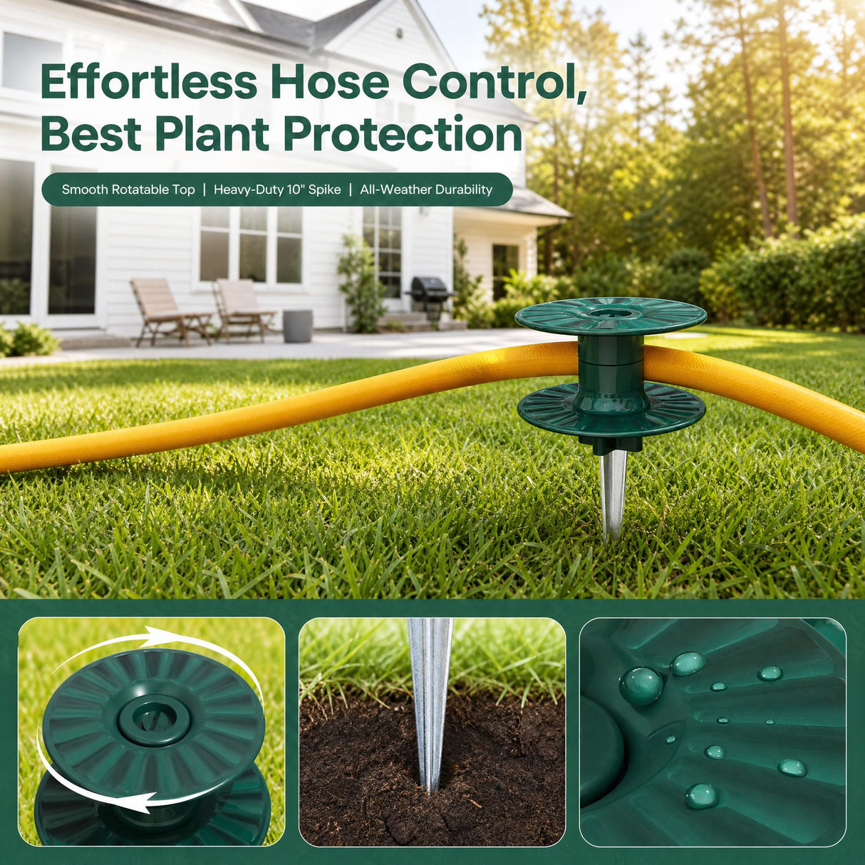 Zapdos 6PCS 10 Inch Heavy Duty Outdoor Yard Garden Hose Guides, Dark Green Metal Stakes with Rotatable Spin Top, Durable Hose Spikes Keep Water Hose Away from Flower Beds & Lawn Plants