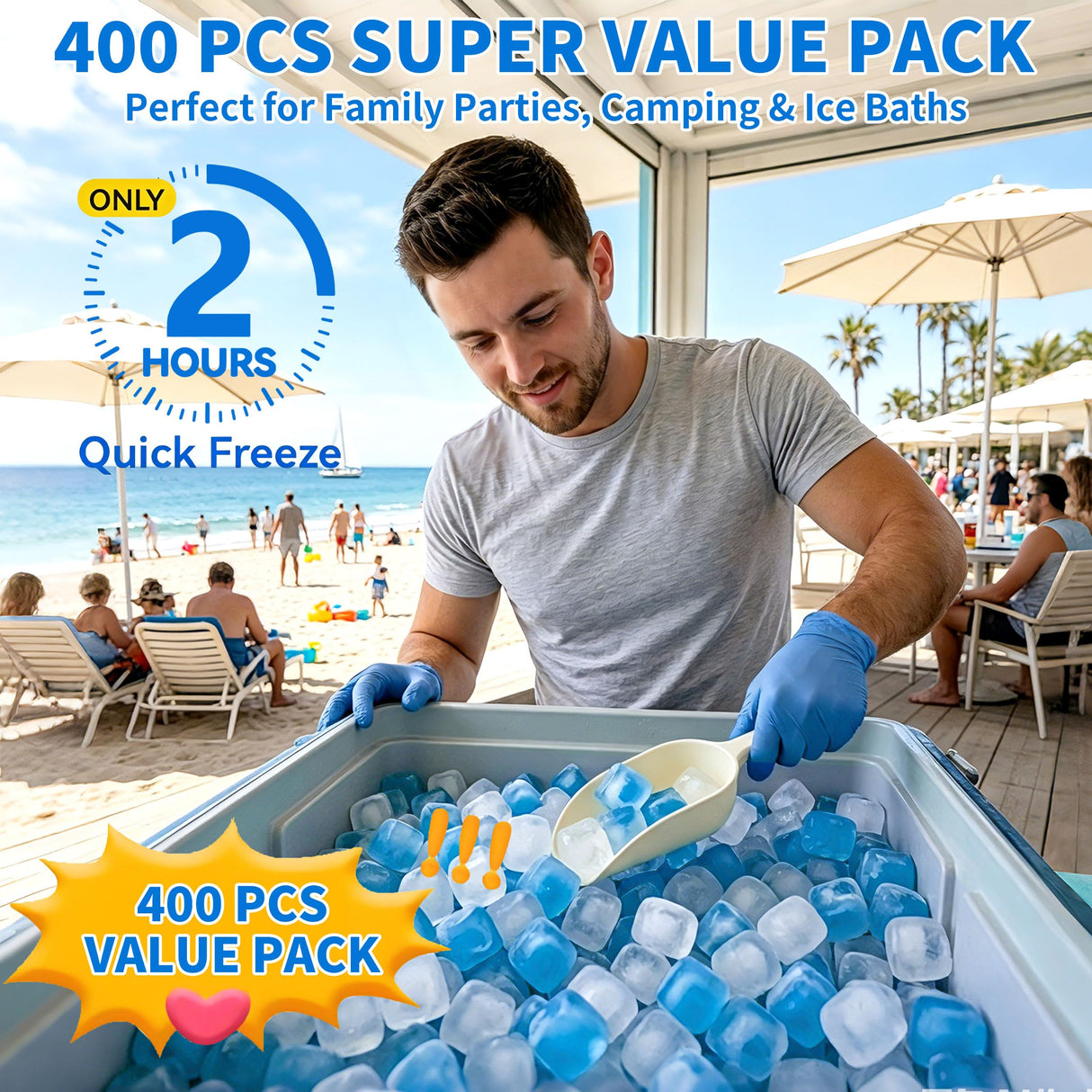 400 Pack Reusable Ice Cubes for Drinks with Ice Scoop, BPA-Free Plastic Ice Cubes for Coolers, Whiskey, Coolers, Parties, Bars, Ice Baths & Camping(Blue & Transparent)