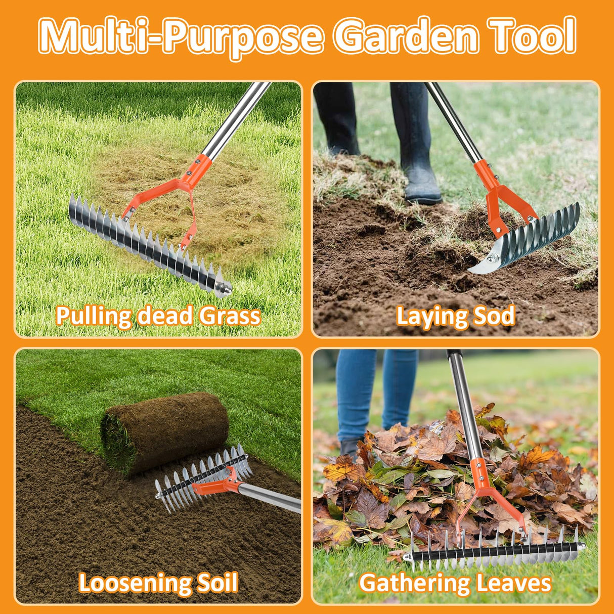 Thatch Rake -15 Inch Dethatcher Rake with Adjustable Handle, Efficient Steel Metal Rakes with Handle,Heavy Duty Thatching Rakes for Lawn,Garden, Yard