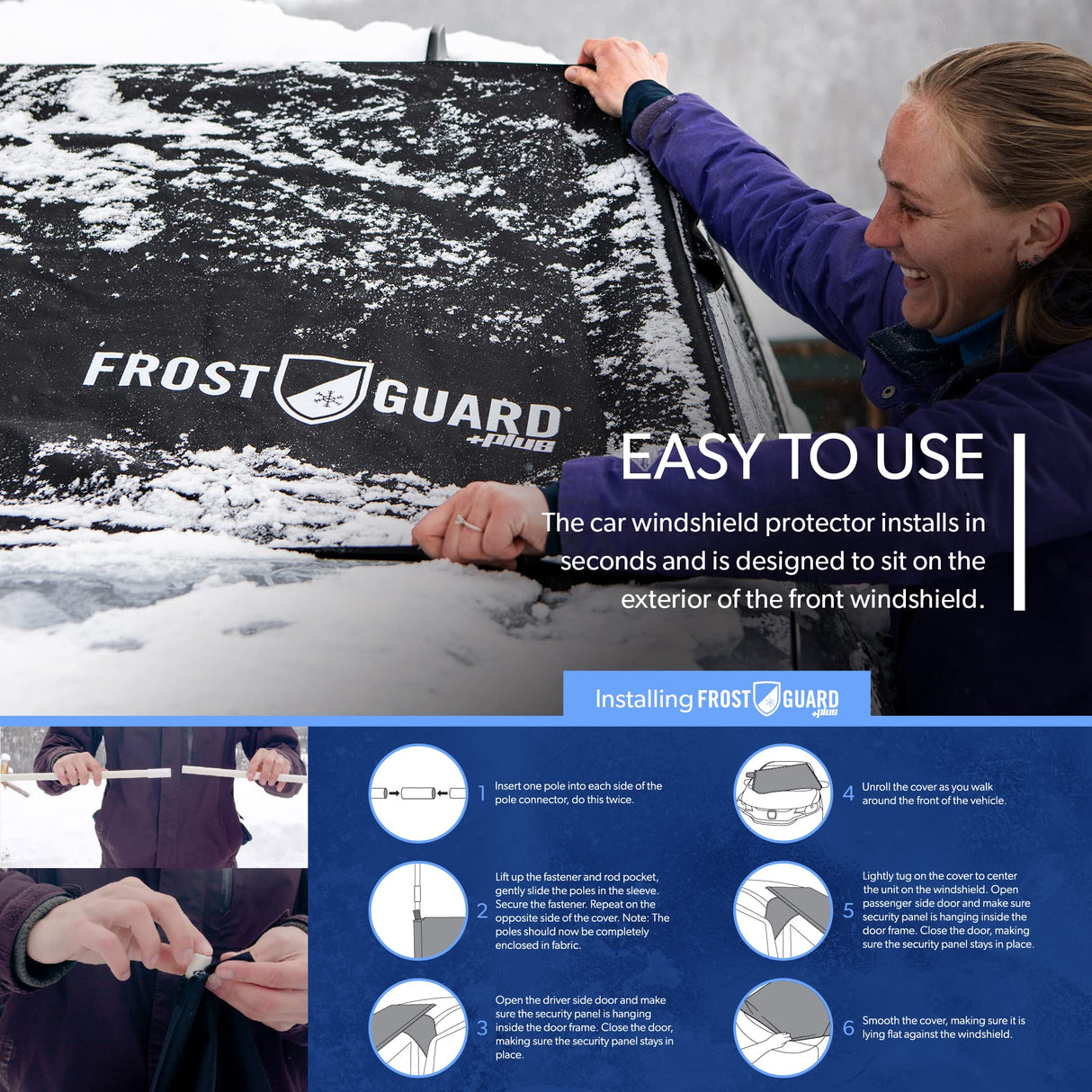 FrostGuard Plus | Winter Windshield Cover for Ice and Snow, XL Size (Snowflake) - Built-in Security Panels, Wiper Blade Coverage + Mirror Covers - Fits XL Size Cars, Trucks and SUVs, 68 x 41 Inches