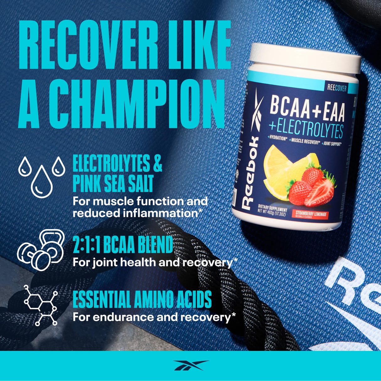 Reebok REEcover Amino Acids + Electrolytes | 8g EAAs, 5g BCAAs, Hydration Matrix | Muscle Recovery, Strength | Post-Workout Support | 30 Servings | Strawberry Lemonade