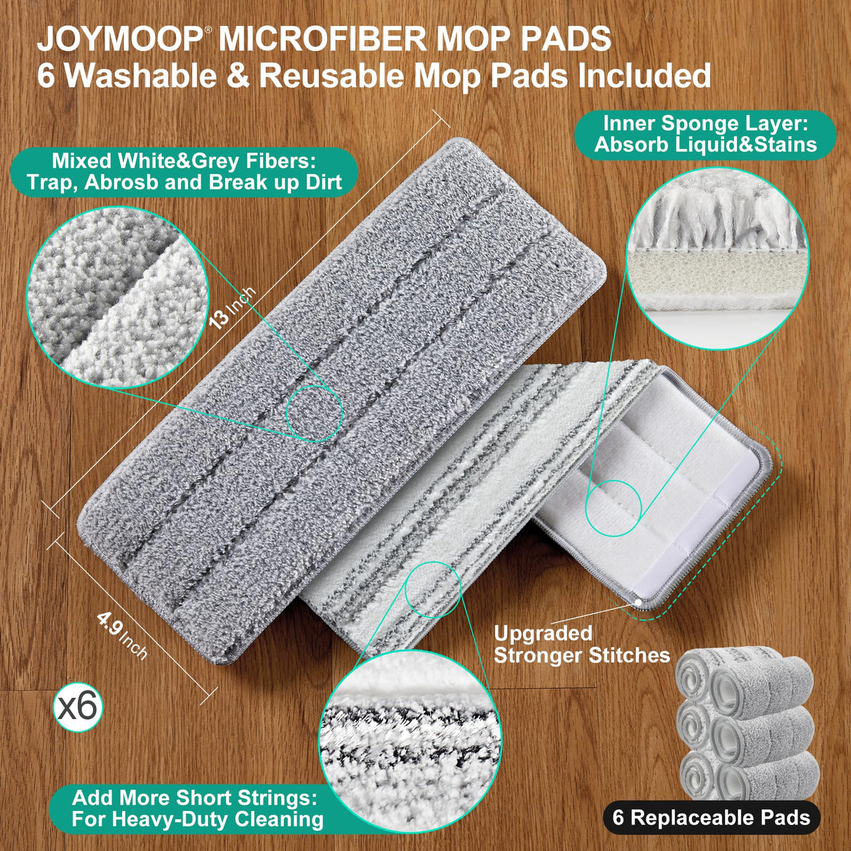 JOYMOOP Mop and Bucket Set with Wringer, Flat Mops for Floor Cleaning, Wall Mop Cleaner with Long Handle, Hardwood Floor Mop with 6 Microfiber Pads