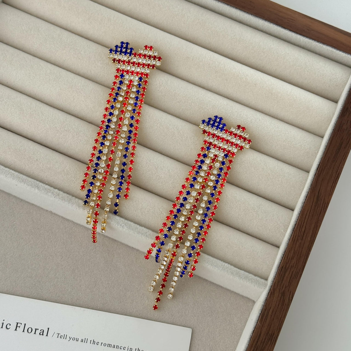 Tasunom American Flag Dangle Earrings for Women, Patriotic 4th of July Earrings, 14K Gold Plated CZ Crystal USA Flag Drop Earrings with S925 Post