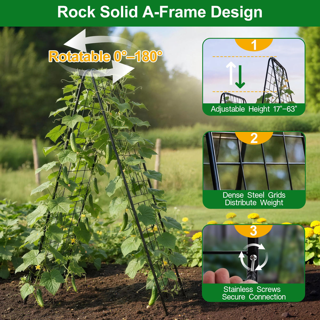 WAENLIR 50x17inch Cucumber Trellis Tomato cage with Dense Steel Grid–A-Frame Heavy Duty Metal Trellis for Raised Beds, Cattle Panels for Garden Trellis for Climbing Plants Outdoor (Black, 50x17inch)