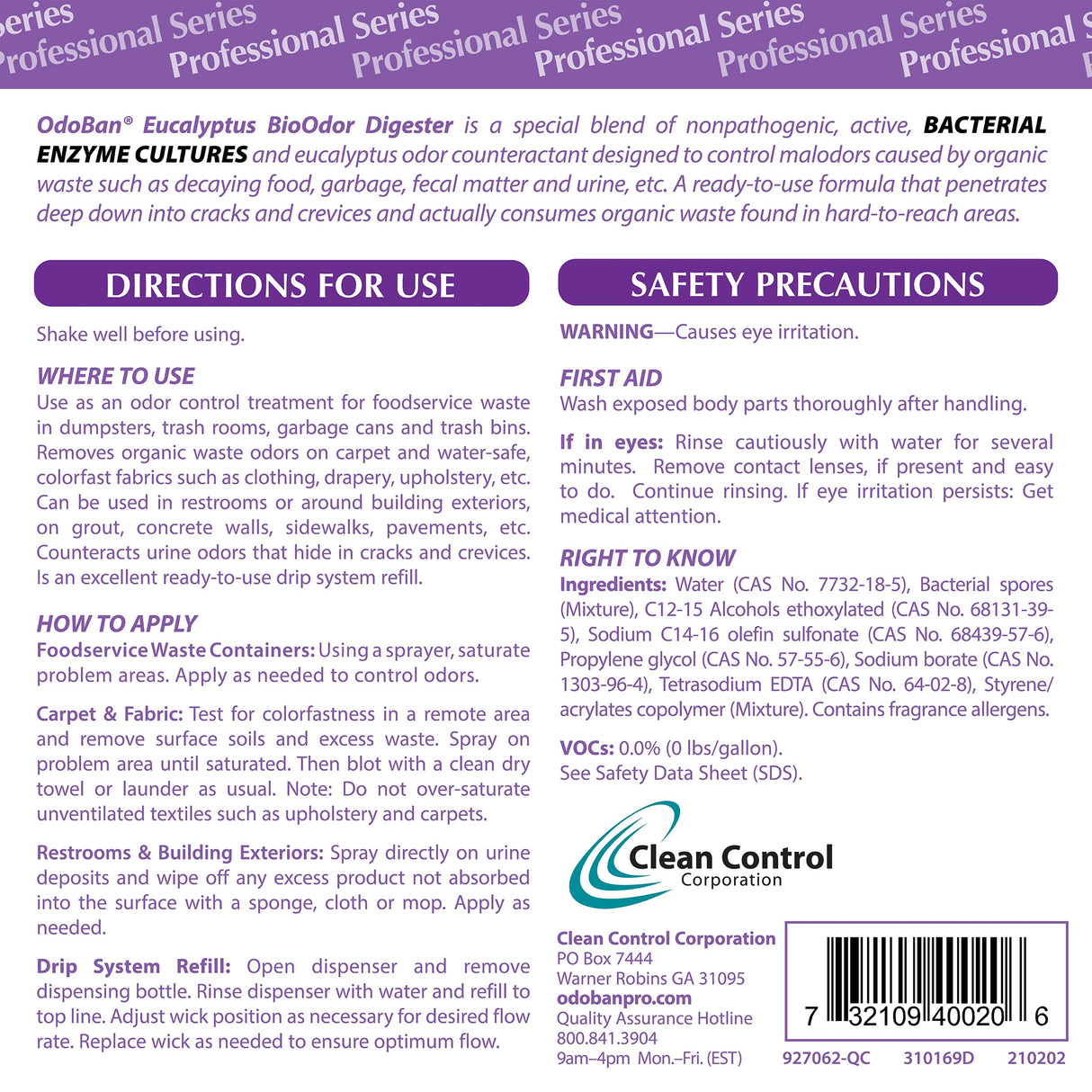 OdoBan Professional Cleaning Ready-to-Use BioOdor Digester Harsh Aroma Counteractant, Made in the USA, Eucalyptus Scent, 32 Ounce Spray