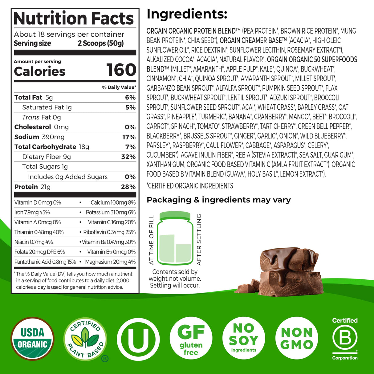 Orgain Organic Vegan Protein Powder + 50 Superfoods, Creamy Chocolate Fudge - 21g Plant Based Protein, Gluten Free, Dairy Free, Lactose Free, Soy Free, No Sugar Added, Kosher, B Vitamins - 2.02lb