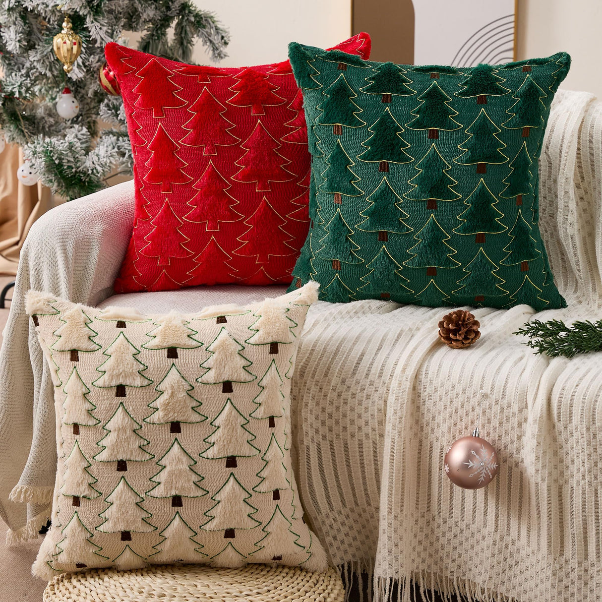 Allorry Christmas Pillow Covers 20x20 inch Set of 2 Christmas Decorations Soft Plush Faux Fur Wool Beige Xmas Tree Throw Pillow Cases Winter Holiday Decor for Sofa Living Room PT-012C20