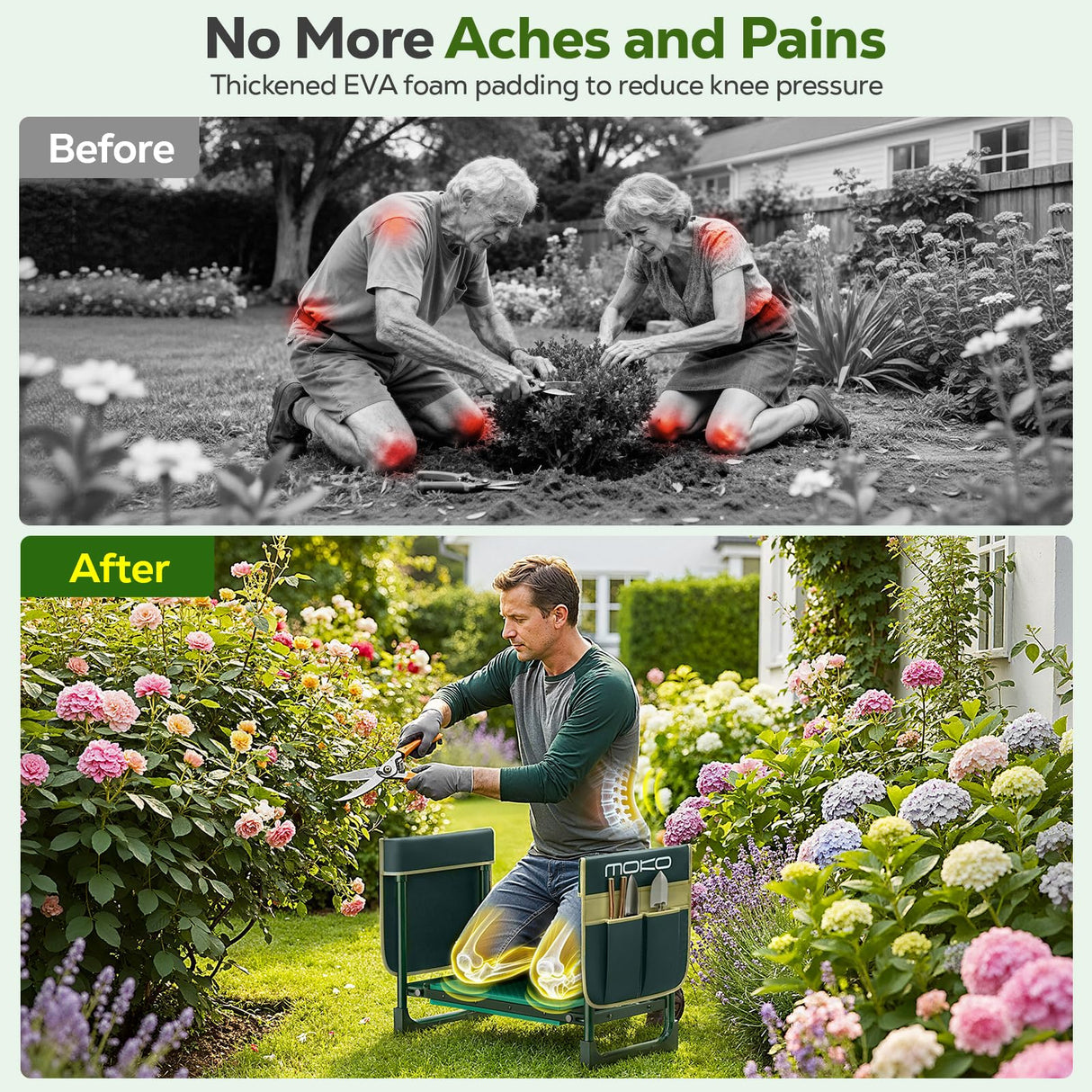 MoKo Garden Kneeler, Heavy Duty Garden Kneeler and Seat Supports up to 350Lbs, Gardening Stool with LargeTool Bag, Foldable Kneeling Stool Space Saving, Gardening Gifts for Women, Seniors, Dark Green