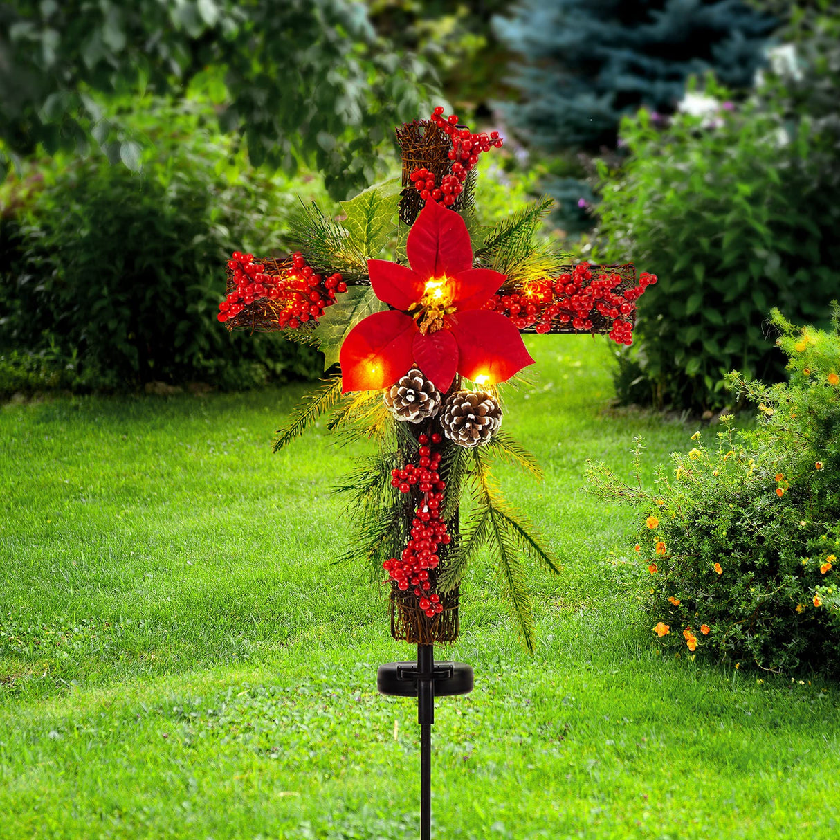 SOWSUN Solar Christmas Decorations Outdoor LED Lights, Xmas Waterproof Cross Stake, Cemetery Grave Decorations,Faux Pine Cones and Foliage Ornament Stakes for Garden Lawn Yard Cemetery, Set of 2