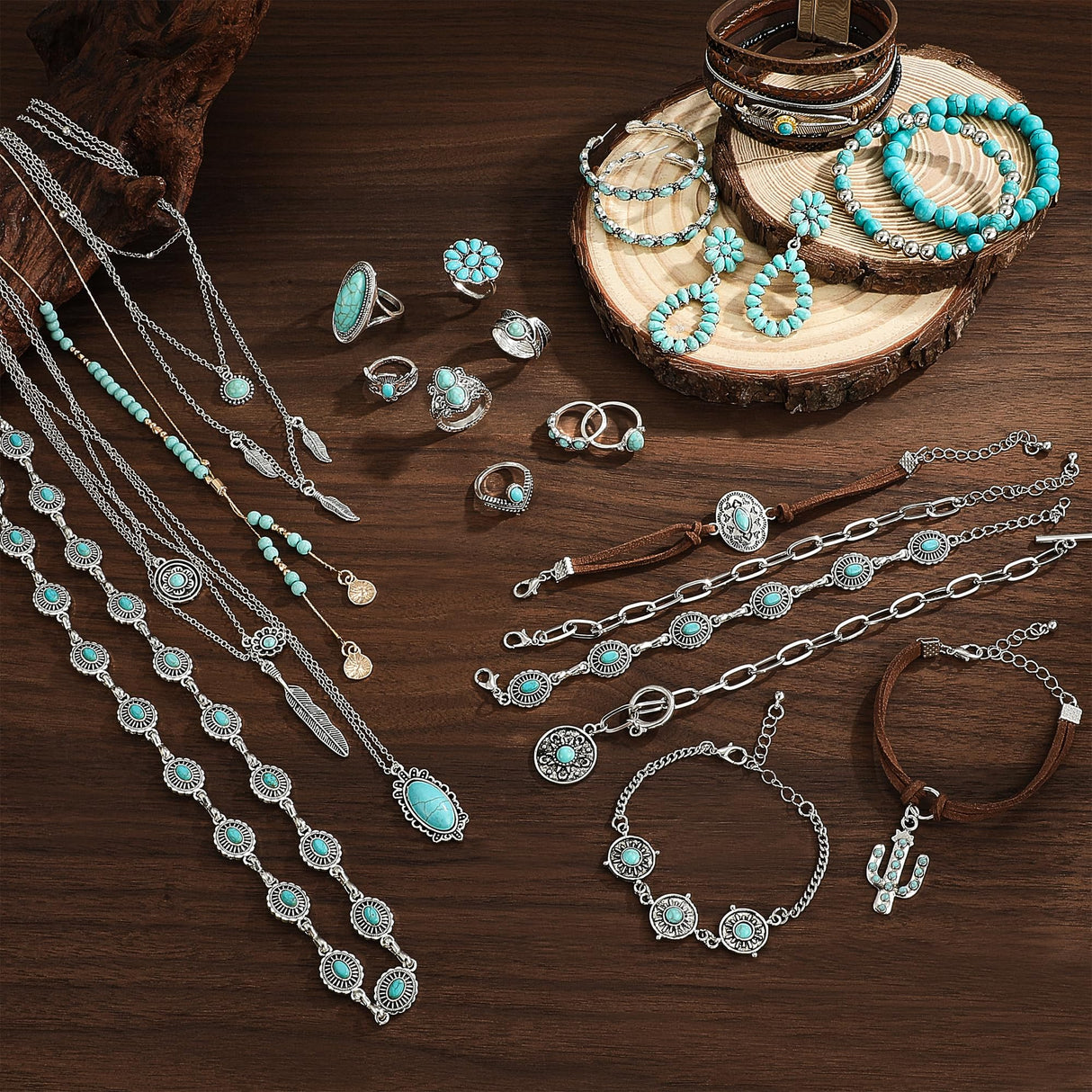 FEYIR Bohemian Turquoise Jewelry Set for Women Boho Turquoise Layered Necklace Bracelet Western Belt Stackable Ring Earrings Western Jewelry Accessories