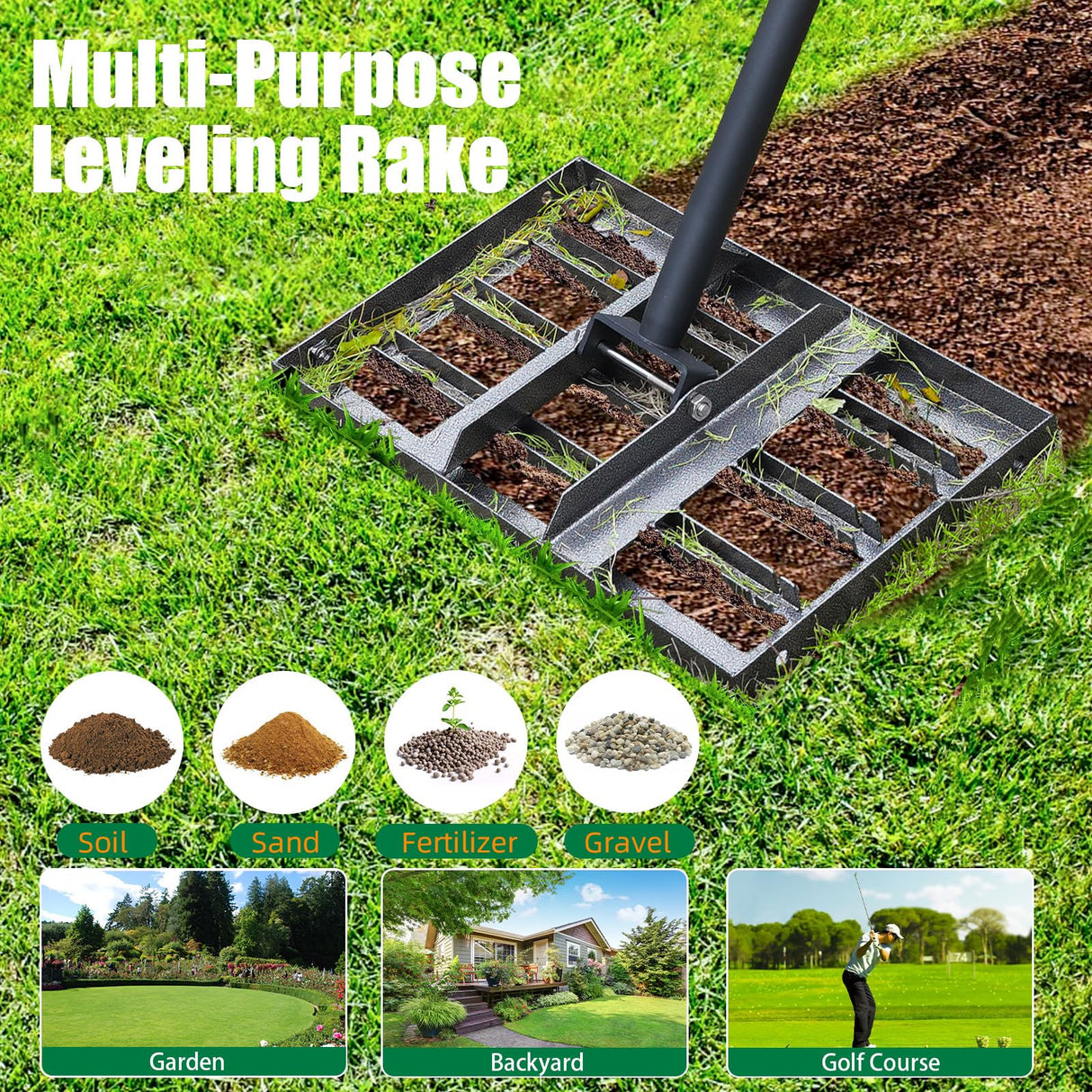 Lawn Leveling rake 17"x9.4" Levelawn Tool with 70.5" Adjustable Long Handle Heavy Duty Landscape Leveling Rake Lawn Leveler Yard Tool for Backyard, Golf Course, Garden, Pasture, Farm