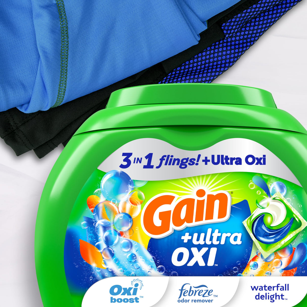 Gain flings Ultra Oxi Laundry Detergent Pacs 3-in-1 HE Compatible, Waterfall Delight Scent, 76 Count