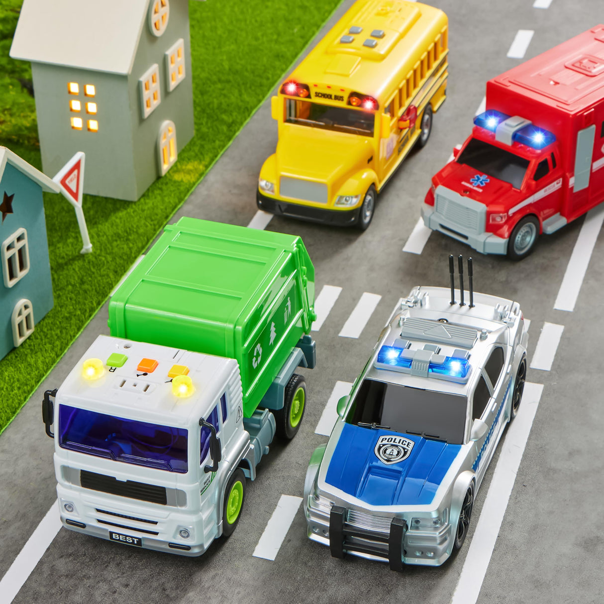 JOYIN 4 Pcs 7" Long Vehicle Toy Set, Toddlers Cars with Lights and Siren Sound, Including Play Police Car, School Bus, Garbage Truck, Ambulance, Birthday Christmas Party Gifts Toys for Boys 3-5