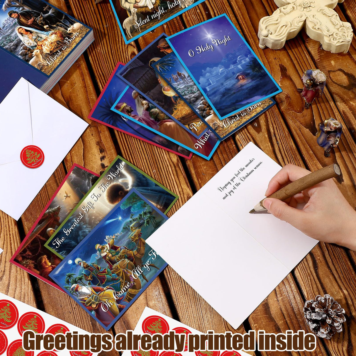Motiskyy 100 Sets Christmas Cards with Envelopes and Stickers Christmas Cards Assortment Bulk Greetings for Xmas New Year Party Supplies 10 Designs, 6 x 4 Inch(Religious)