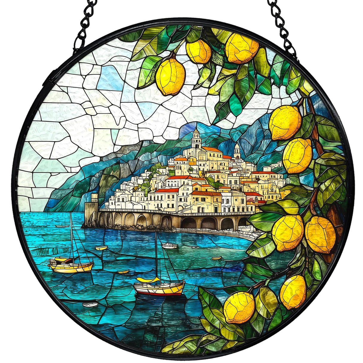 XINCEYWJ Mediterranean Tuscan Decor, Italian Lemon Amalfi Coast Suncatchers Stained Glass Window Hanging, Summer Beach Sun Catchers Indoor Window Glass Round Wall Decor, 7.9x7.9in