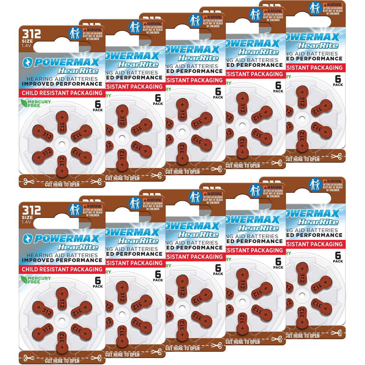 Powermax Size 312 Hearing Aid Batteries, 60 Count Long-Lasting Battery Pack, Brown Long Tab for Easy Change