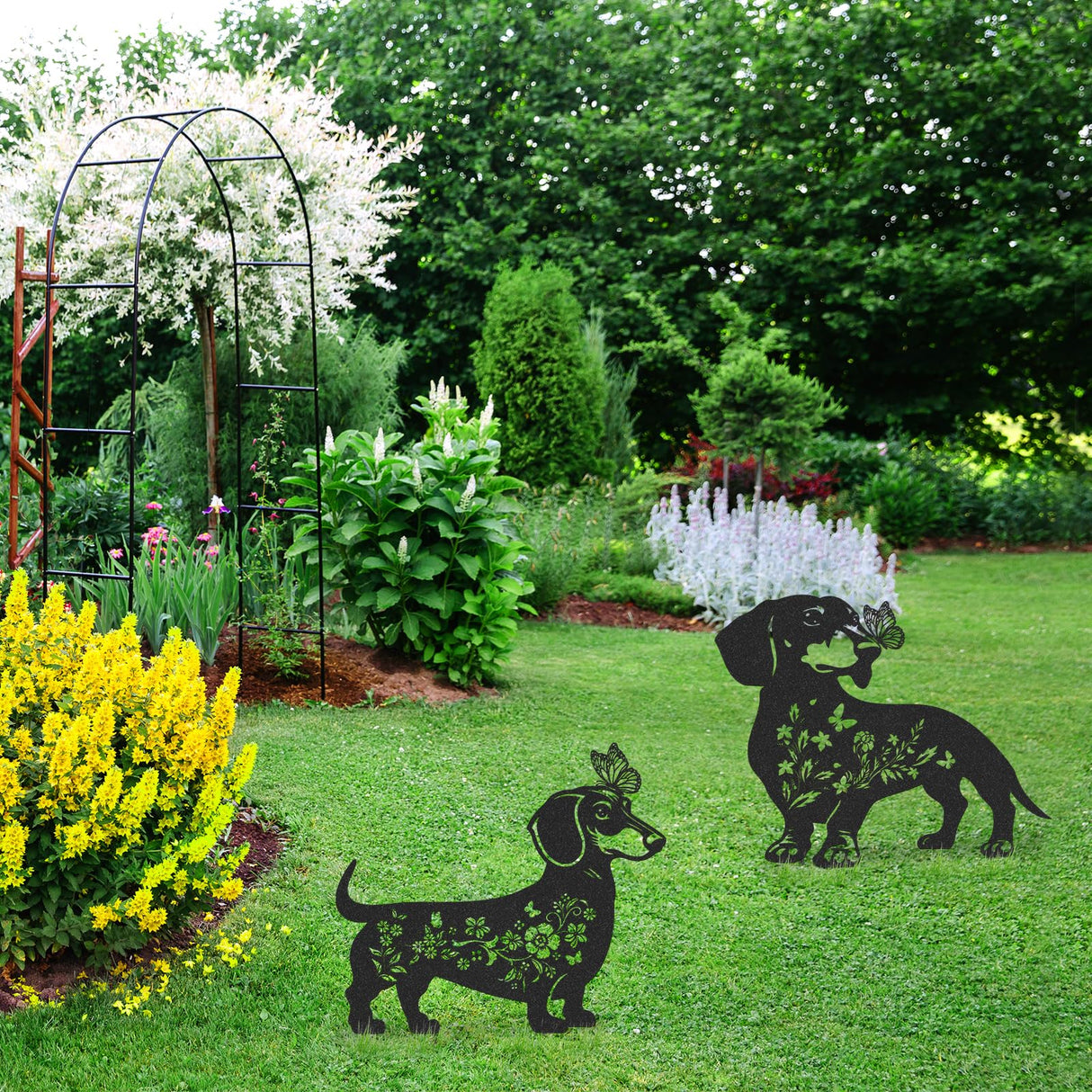 LIRAVENO Dachshund Garden Stakes Decorations - 2 Pcs Metal Dog Lover Statues Set Decor for Yard Black Butterfly Gifts Silhouette Lawn Ornaments Outdoor Cute Art Flowers Patio Signs Animals Sculpture